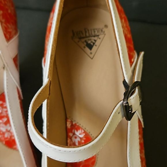 John Fluevog, red floral print(twist) heels.  Size 9.5. - Picture 2 of 9